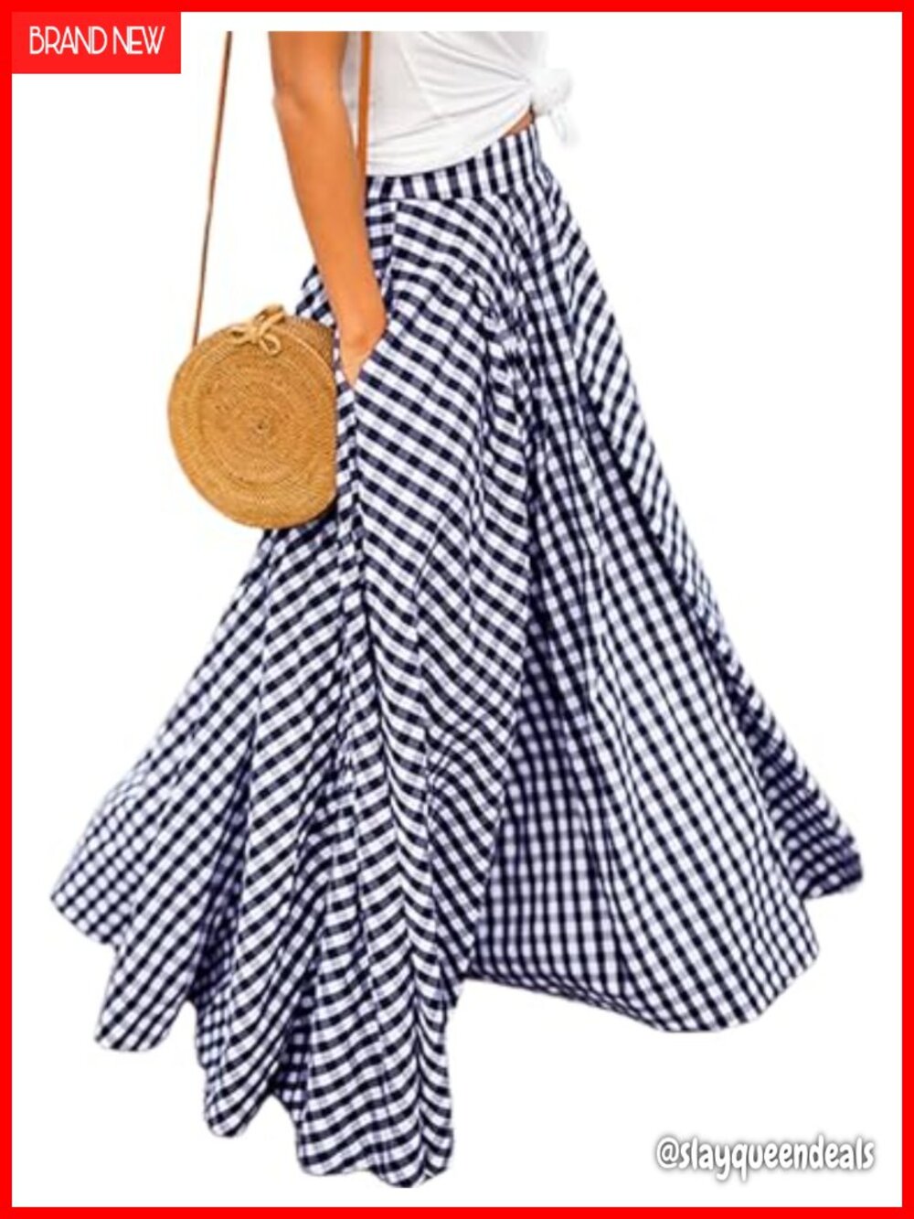 Women's Gingham Plaid Maxi Skirt High Waist A-Line Pleated Long